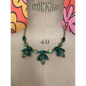 Vintage 1950s green rhinestone necklace 50s jewelry leaf cabochon cocktail mcm
